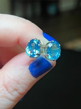 Vintage 925 Sterling Silver Faceted Blue Topaz Oval Stud Earrings